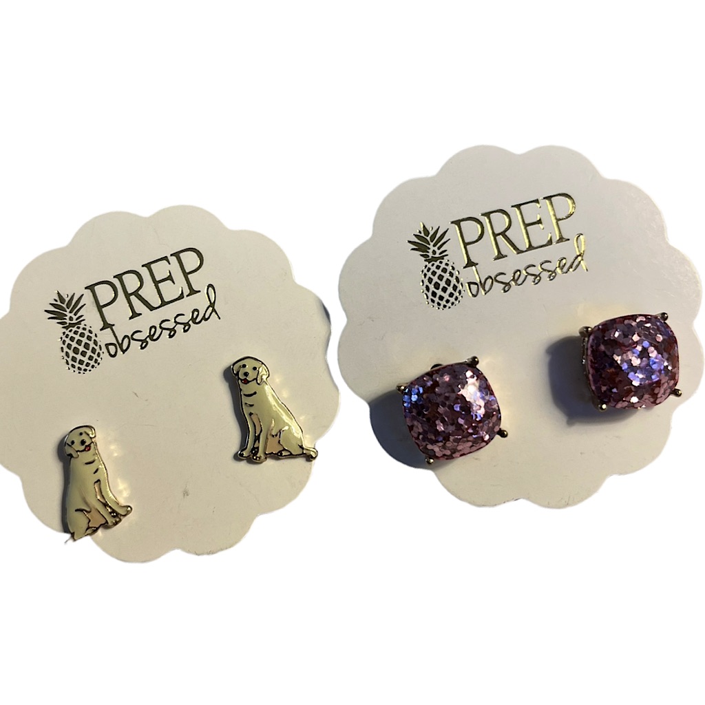 Prep Obsessed Earrings Labrador And Pink Glitter Stud Earrings Nwt